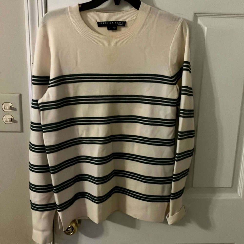 Veronica Beard- Crew Neck Ivory with Olive Stripes Long Sleeve Sweater, Large